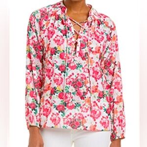 Macbeth Collection Floral Smocked Blouse Margaret Josephs Sz S Pink Rose